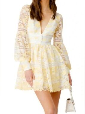 Bardot Pale Yellow Lace V-Neck Mini Dress